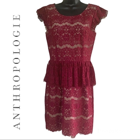 Anthropologie Maeve Burgundy Elsa Lace Peplum Cocktail Dress Size XS - Picture 5 of 16